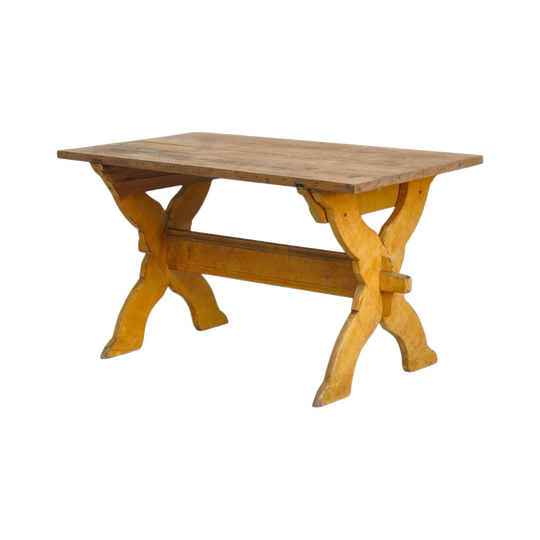 Early 19th-Century Swedish Allmoge Pine Trestle Table, Bow-Legged Base, Original Yellow Paint