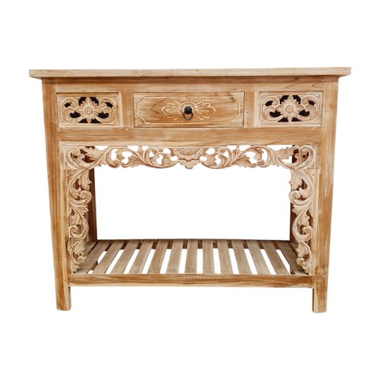 Balinese Hand Carved 2 Drawer Console - Brownwash
