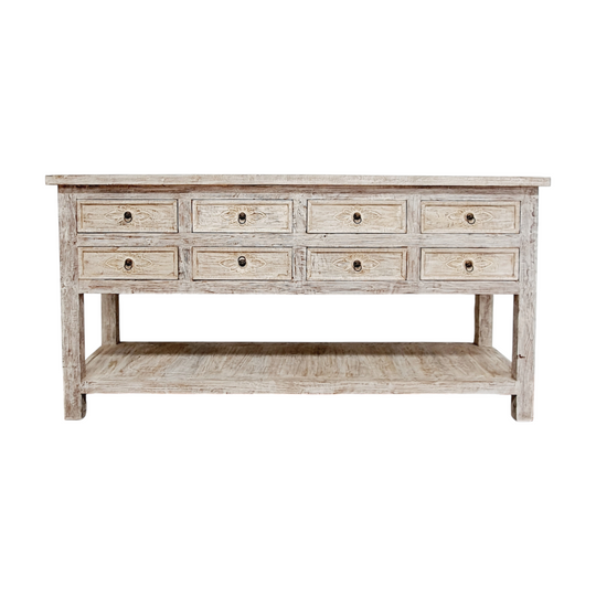 Balinese Hand Carved 8 Drawer Sideboard - Whitewash