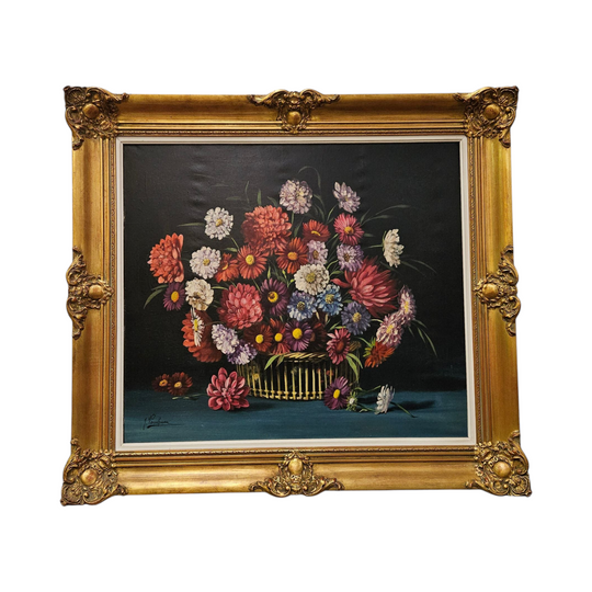 Vibrant Signed Floral Oil on Canvas in Gilt Frame
