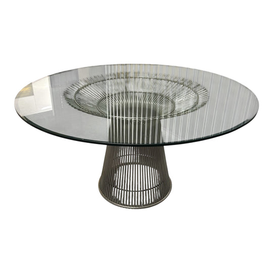 Vintage Warren Platner Dining Table for Knoll, Nickel-Plated Steel Wire Base, 135 cm Glass Top