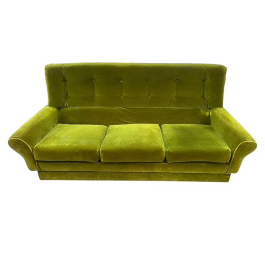 1970s Avocado Green Velvet Three Seater Lounge Sofa