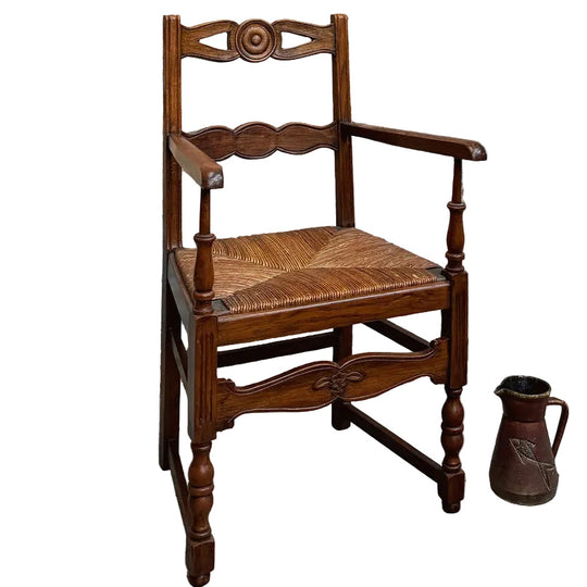 Mid Century Rustic Armchair In Beech Wood With Straw Seat
