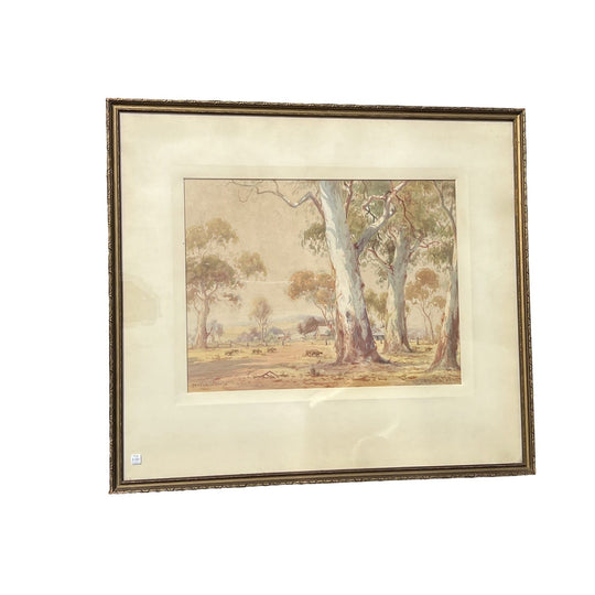 Large Arnold Jarvis watercolour, "An Australian Bush Farm" c. 1920