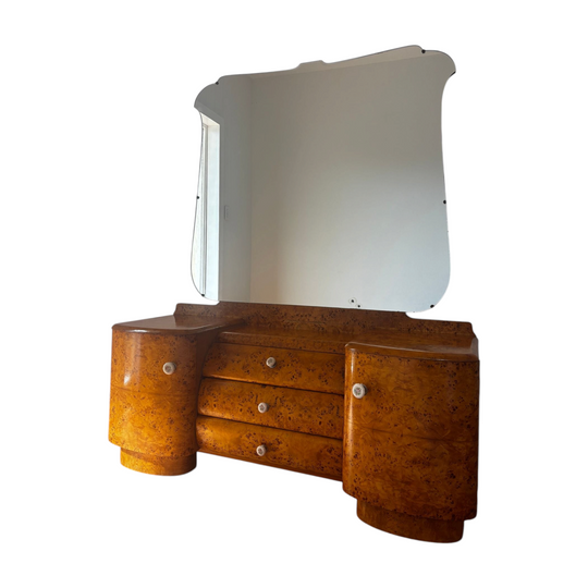 Vintage art deco Burl Walnut dresser and mirror
