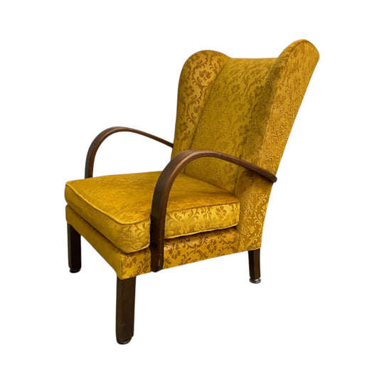 Art Deco 1940's Bentwood Upholstered Wingback Armchair