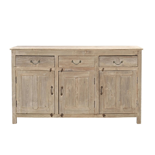 Vintage Indian Teak Sideboard – 3 Doors, 3 Drawers, Sun-Bleached Finish