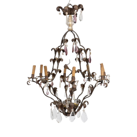 Impressive oversized Iron Chandelier with 8 Lights and purple and clear crystals -A French Masterpiece