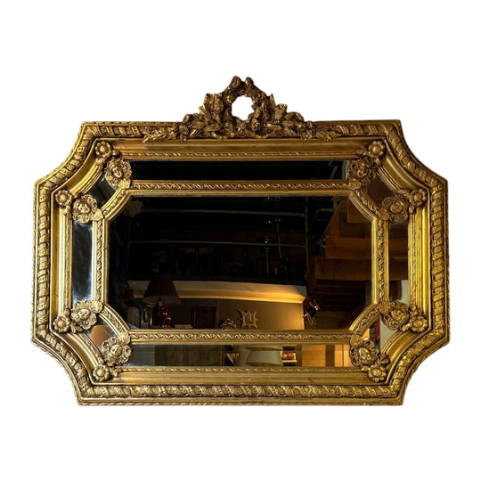 Vintage Gilt Rococo Mirror With Floral Crest