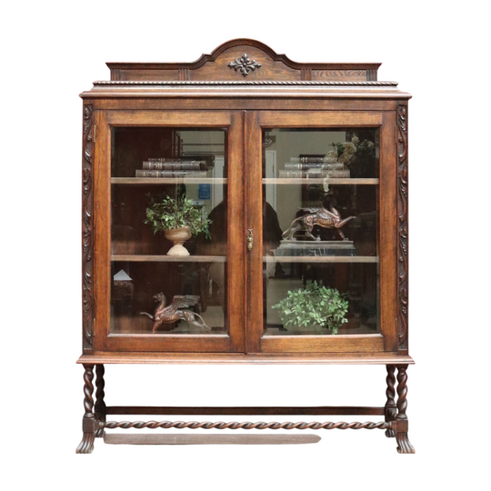 Antique English Oak Two Door Bookcase China Cabinet with Glass Doors and Key. B13089