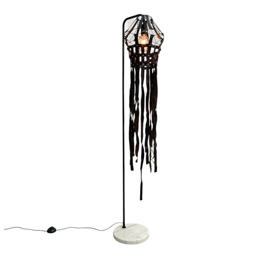 Contemporary Marble Base Lamp with Handmade Leather Strap Shade