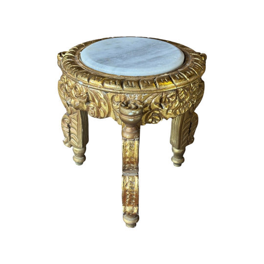 Vintage Gilt Round Side Table with White Marble Top
