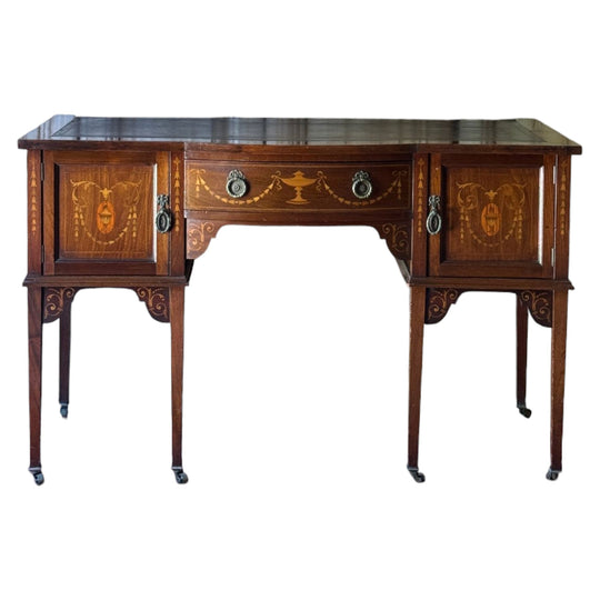 Vintage 1920s Mahogany Inlaid Desk With Leather Top