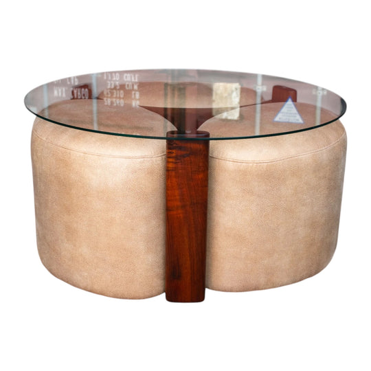 TH Brown Rondo Pouffe and Coffee Table Set — Original Late 1960s–Early 1970s Blackwood with Glass Top