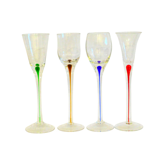Vintage Long Stemmed Shot Glasses with a Coloured Stem Set of 4