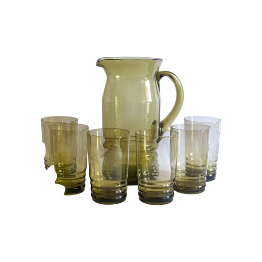 Vintage Smokey Grey Water Set with Grape Design Etching