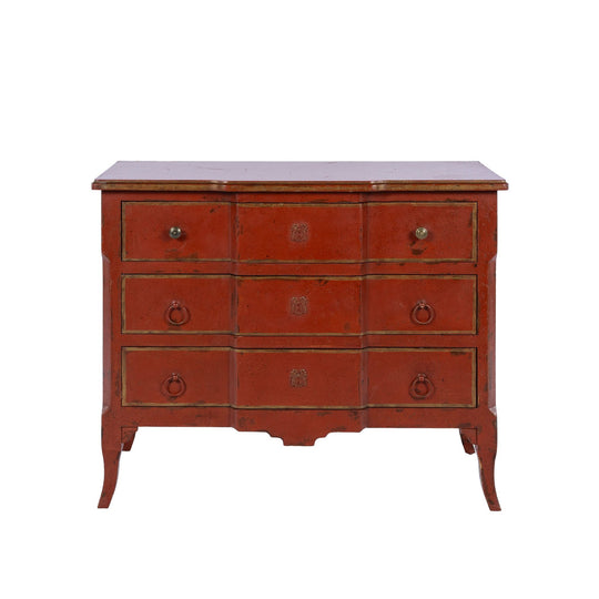 Beautiful red empire commode from Provence a beautiful aged patina and three drawers with decorative drawer pulls.
