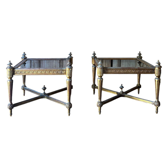 Louis XVI Style Gilt Framed Pair Of Side Tables With Smoky Glass Tops