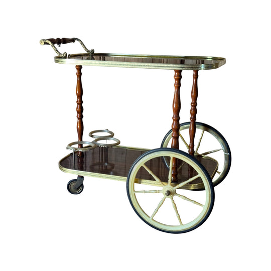 Vintage Two Tier Bar Cart With Wooden Shelves And Decorative Wheels