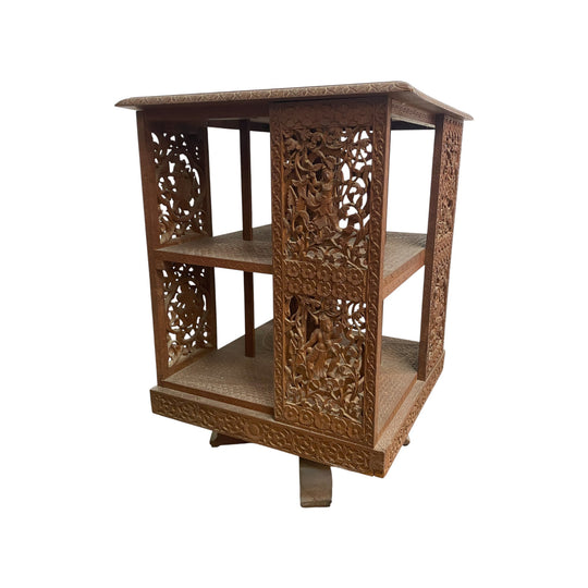 Early 20th Century Anglo Burmese Profusely Carved Teak Revolving Bookcase