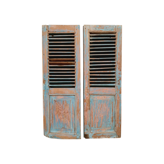VINTAGE Balinese Cream & Aqua Green Louvre Window Shutters