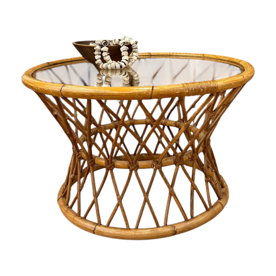 Bohemian Round Bend Bambo Rattan Reed, Wicker Coffee or Cocktail Table Glass Top