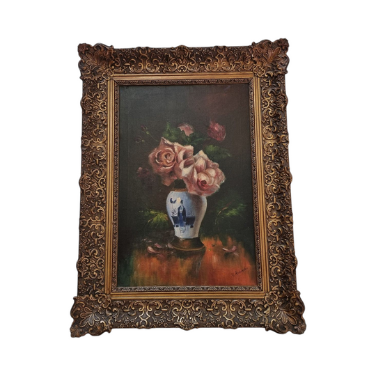 French Signed Floral Oil on Canvas Painting of Roses