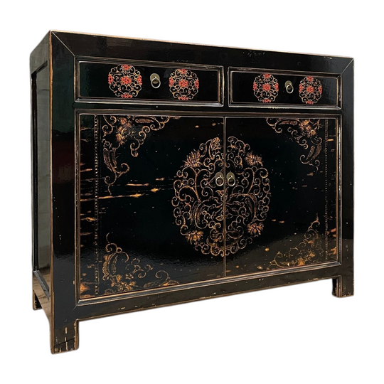Chinese Black Lacquered Cabinet, Gold Floral Vine Motif