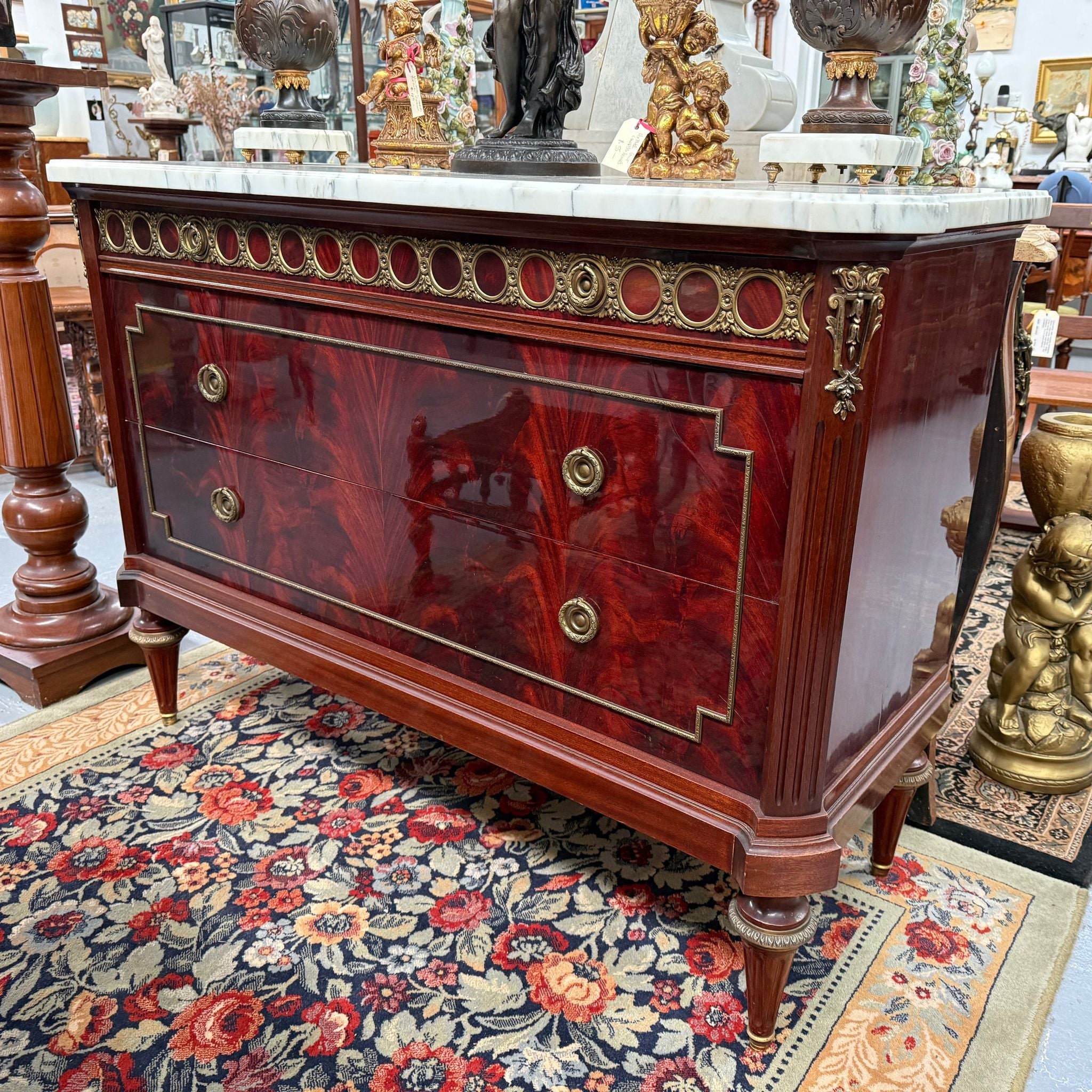 French Louis XVI Style Flame Mahogany Marble Top Commode | Antique & Vintage | Moonee Ponds Antiques | Australia Wide Delivery