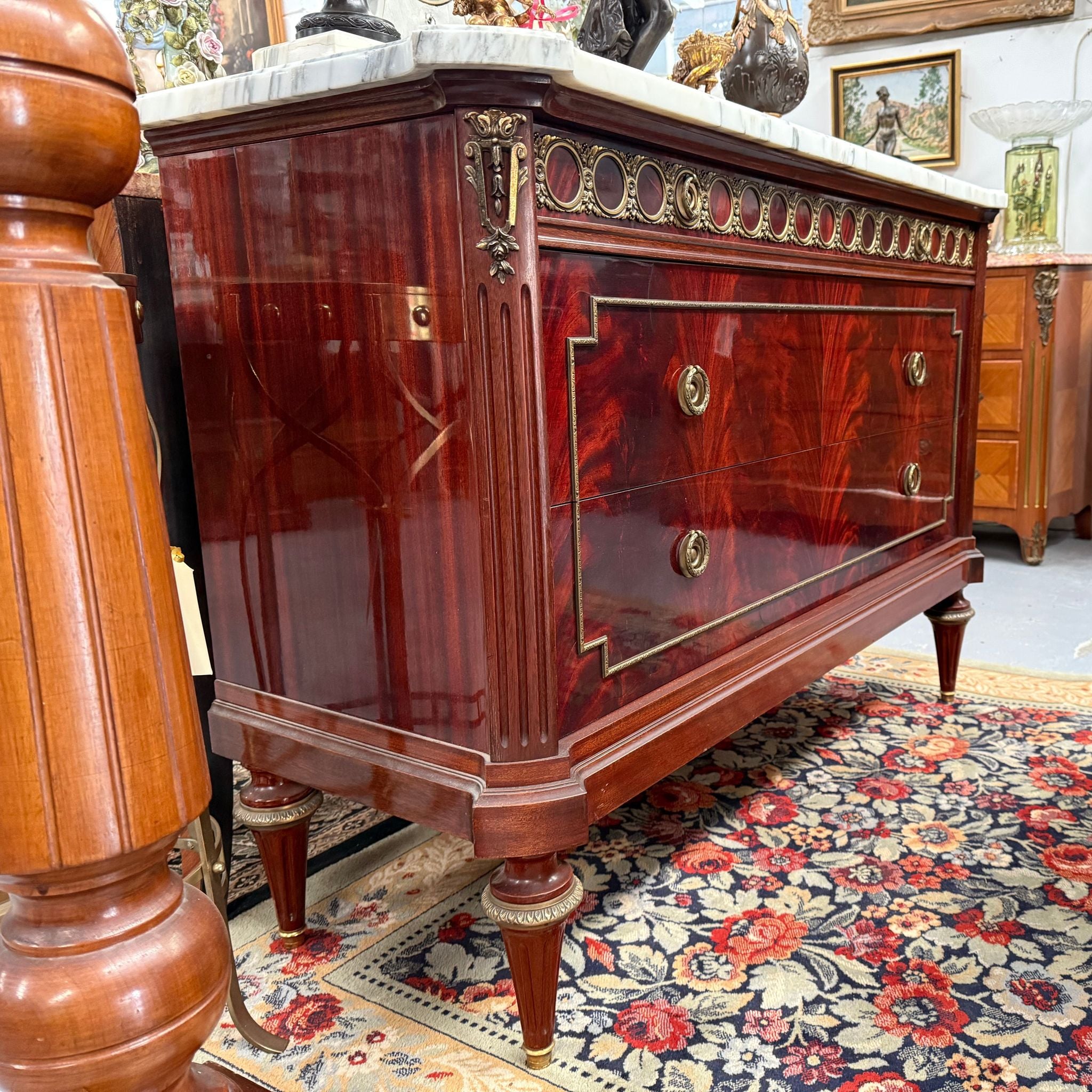 French Louis XVI Style Flame Mahogany Marble Top Commode | Antique & Vintage | Moonee Ponds Antiques | Australia Wide Delivery