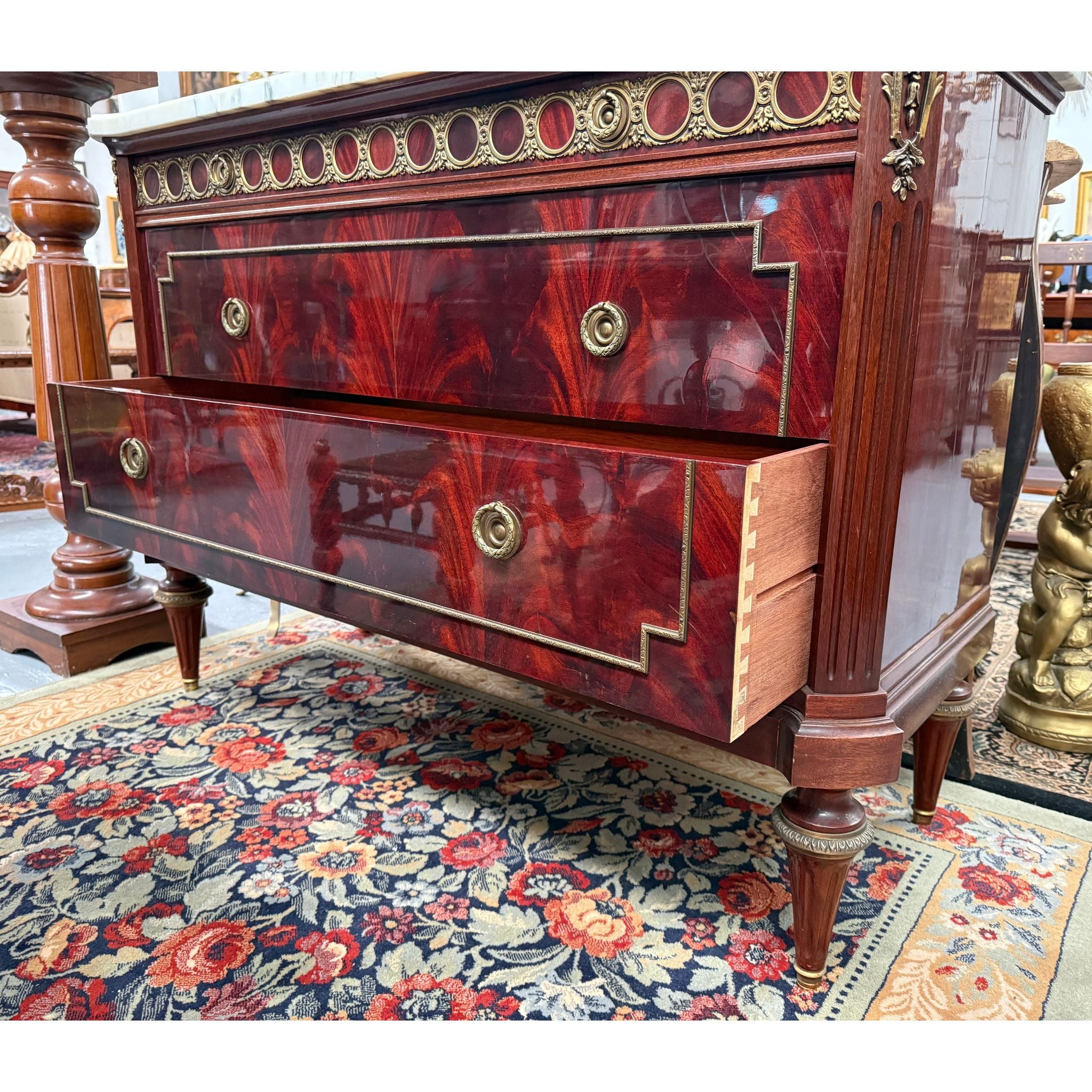 French Louis XVI Style Flame Mahogany Marble Top Commode | Antique & Vintage | Moonee Ponds Antiques | Australia Wide Delivery
