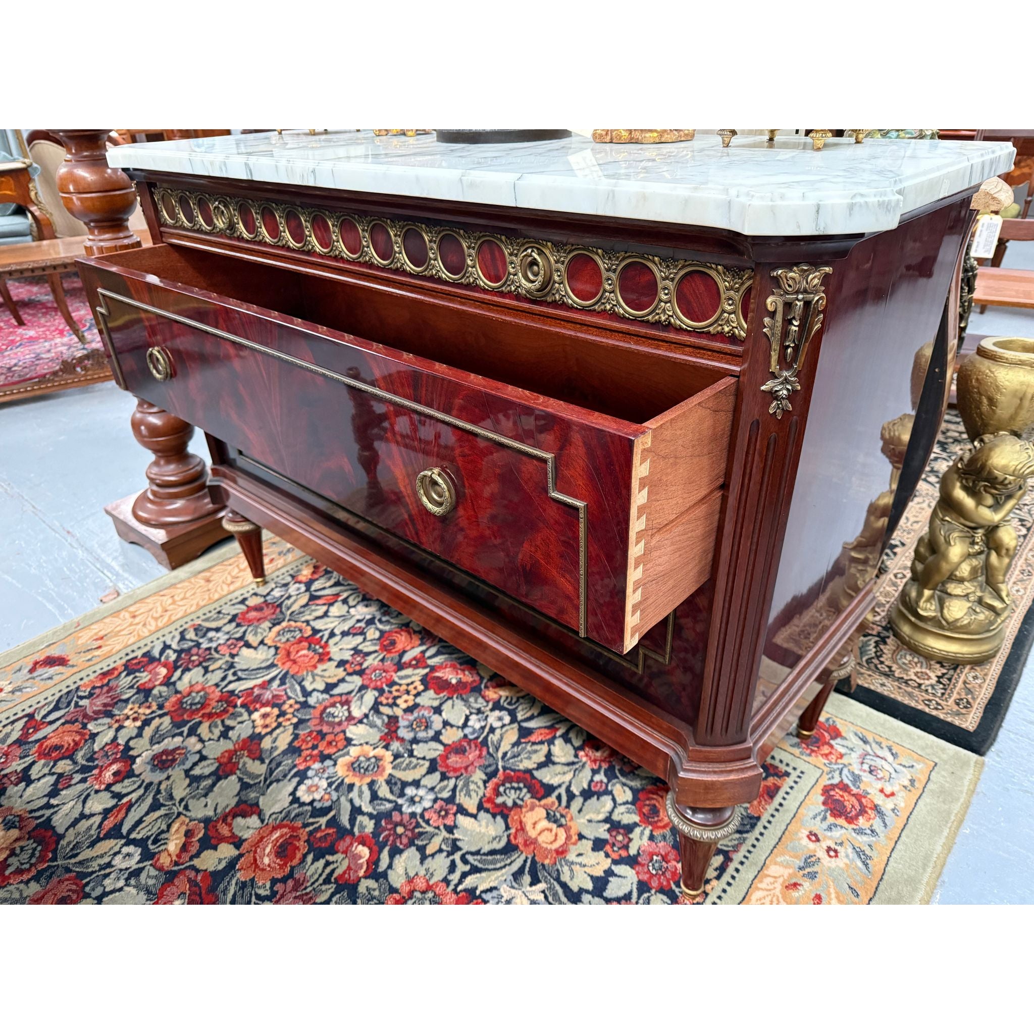 French Louis XVI Style Flame Mahogany Marble Top Commode | Antique & Vintage | Moonee Ponds Antiques | Australia Wide Delivery