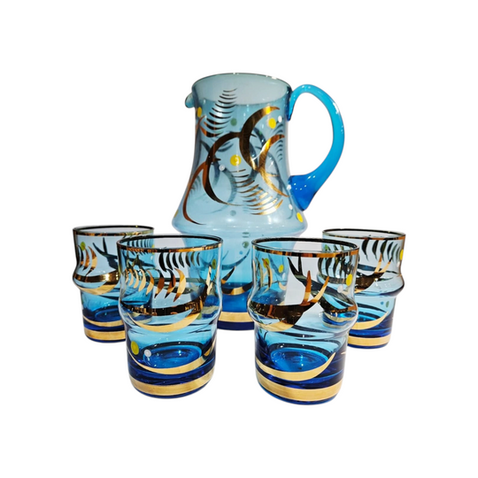Vintage Bohemia Blue Jug with 4 Tumblers Gold Gilt Detail