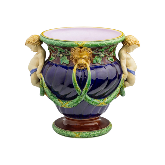 Antique Majolica Jardiniere or Vase by Minton with Fauns and Acorns