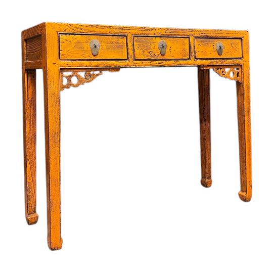 Antique Chinese Yellow Lacquered 3-Drawer Hall Table - Gansu, 1920s