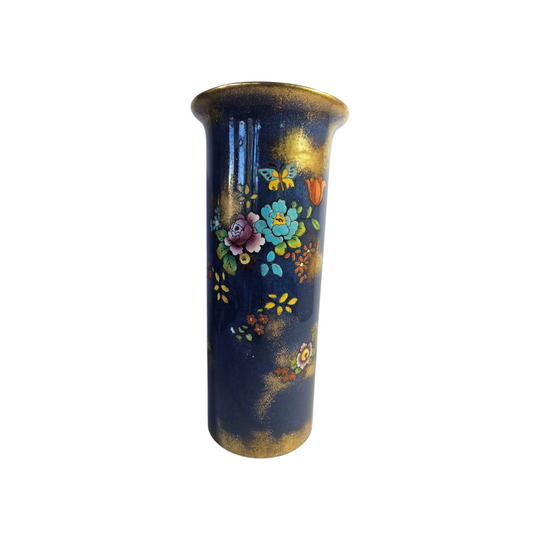 J H W & Sons Falcon Ware Cylinder Shaped Vase 1930s Cobalt Blue Floral and Butterfly 4053