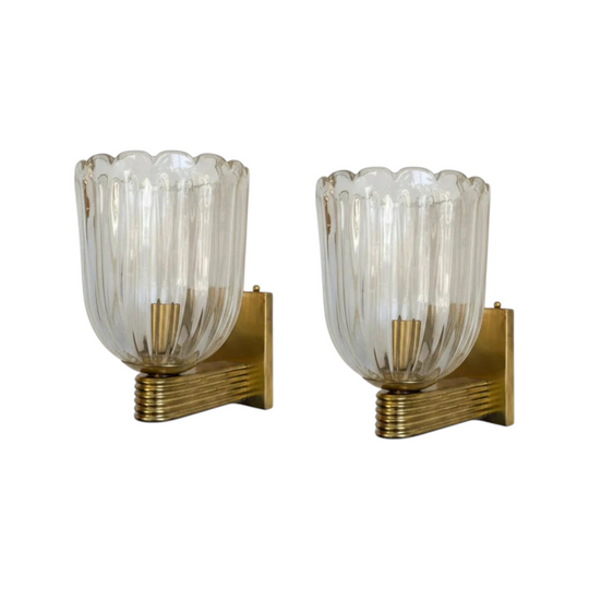 Pair of Murano Fluted Glass with Gold inclusions and Brass Wall Sconces
