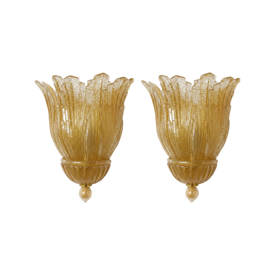 Pair of Large Murano "Graniglia "Leaf Murano Glass Wall Sconces