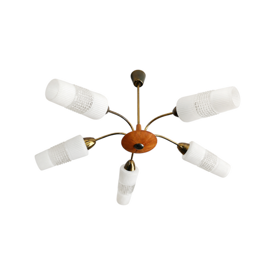 Teak and Glass Mid Century Five Branch Pendant Light