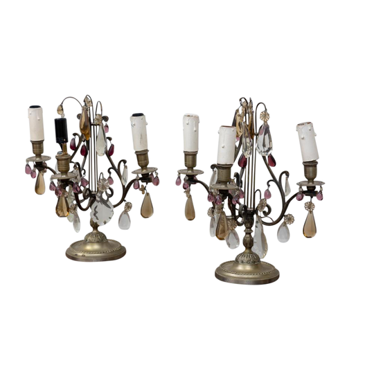 Pair of French 19th-Century Girandoles with Amethyst and Clear Crystal Drops