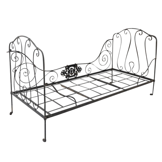 French 19th-Century Campaign-Style Iron Daybed with Decorative Cartouche