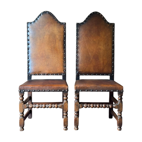 Pair Of Vintage Oak Spanish Revival Studded Leather Hall Chairs