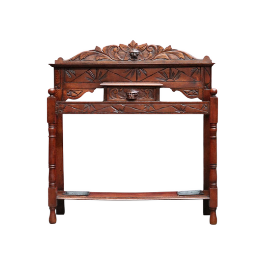 Antique English Oak Gothic Revival Umbrella Stand with Green Man Carved Pediment. B13083
