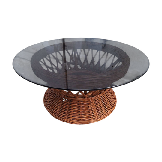 Large Vintage Cane & Smoked Glass Coffee Table