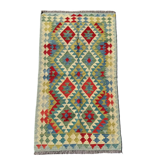 Hand Woven Afghan Wool Green And Blue Kilim Rug #021*