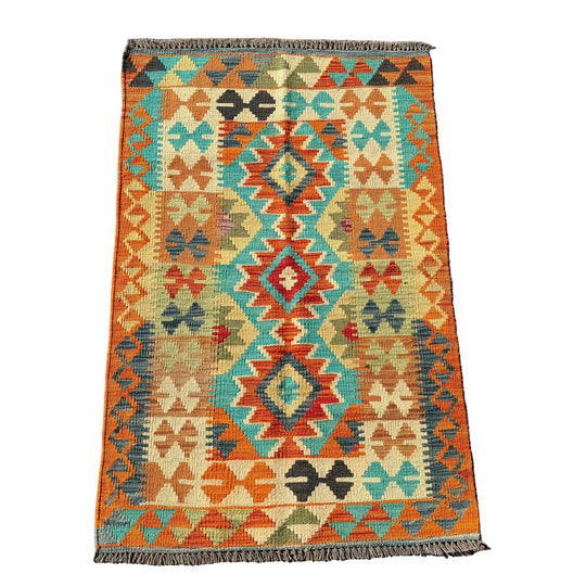 Hand Woven Afghan Wool Orange And Blue Kilim Rug #010*