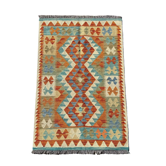 Hand Woven Afghan Wool Orange And Cream Kilim Rug #013*