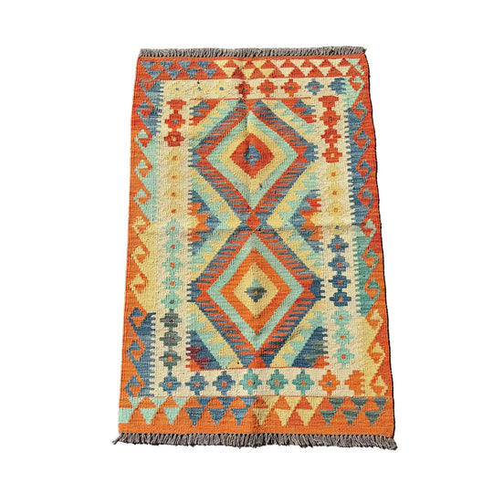 Hand Woven Afghan Wool Orange, Cream And Blue Kilim Rug #015*