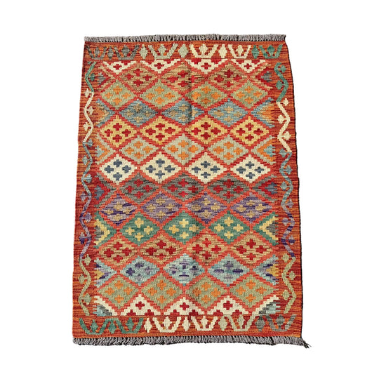 Hand Woven Afghan Wool Red And Orange Kilim Rug #020*