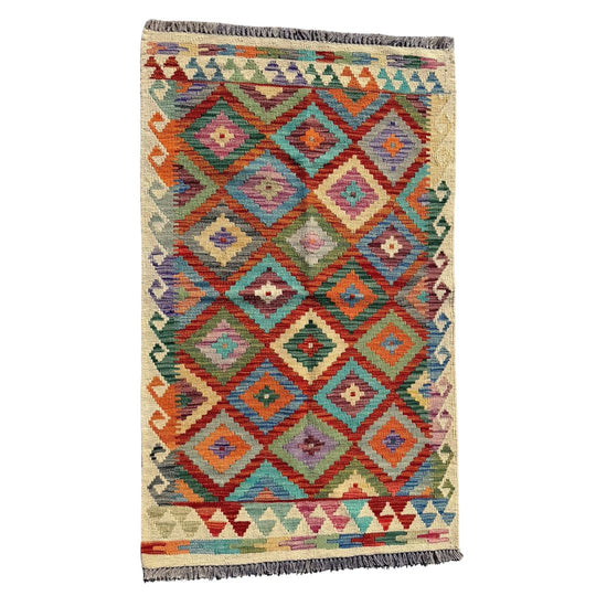 Handmade Wool Kilim Rug With Bright Diamond Pattern*